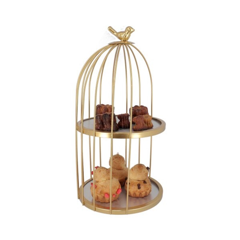 Présentoir cage à oiseaux doré 2 étages Patisdécor 20 cm