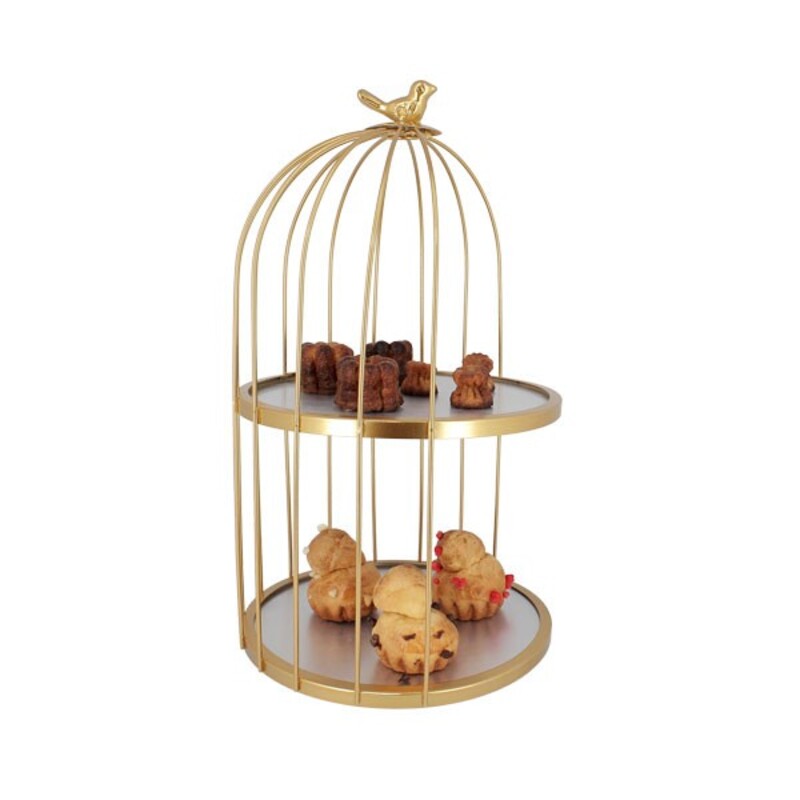 Présentoir cage à oiseaux doré 2 étages Patisdécor 25 cm